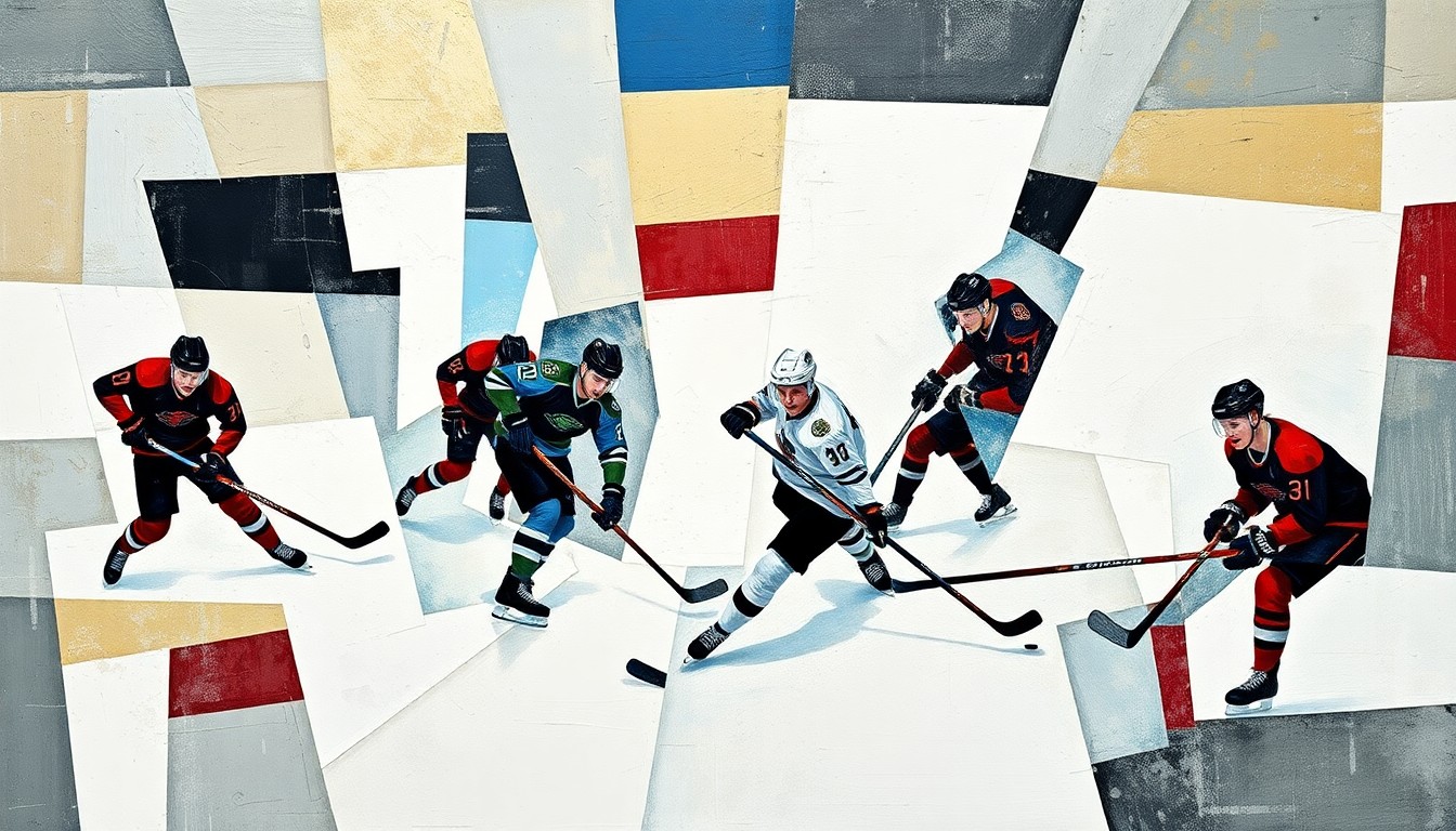 A fragmented, geometric painting depicting the dynamic action of a hockey game, with players' forms and the ice surface broken down into sharp, overlapping planes of color and shape.