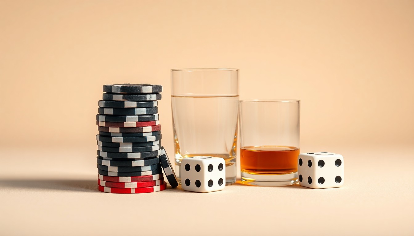 A minimalist studio still life photograph featuring a stack of poker chips, a glass of whiskey, and a pair of dice arranged elegantly on a clean, monochromatic background, conceptually representing the abstract concepts of corporate strategy, finance, and risk in the gaming industry.