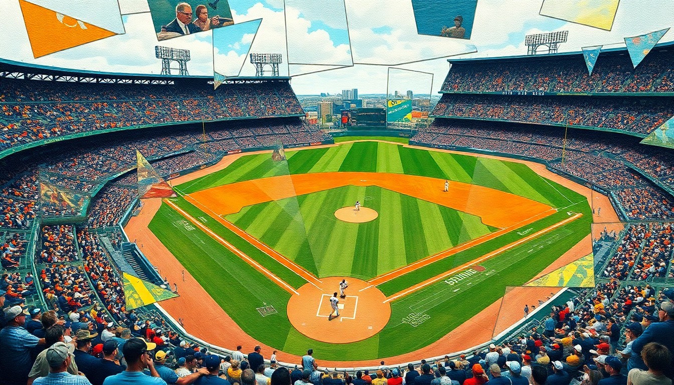 A cubist, geometric painting depicting a baseball game in progress, with the players, field, and crowd broken down into abstract, angular shapes and planes of color.