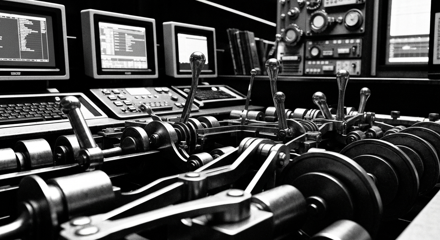 A high-contrast, black-and-white close-up image of complex financial machinery and equipment, conveying the impersonal, powerful nature of modern banking and investment.