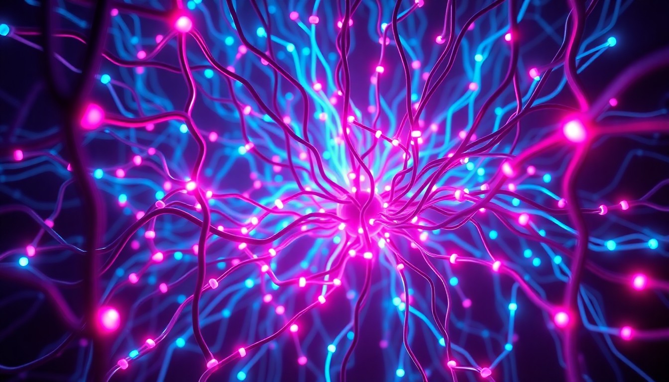 A highly detailed, glowing 3D illustration of a complex neural network architecture with neon cyan and magenta lights pulsing through its interconnected nodes and cables, conceptually representing the power and complexity of advanced language models and the ongoing debate over AI governance.