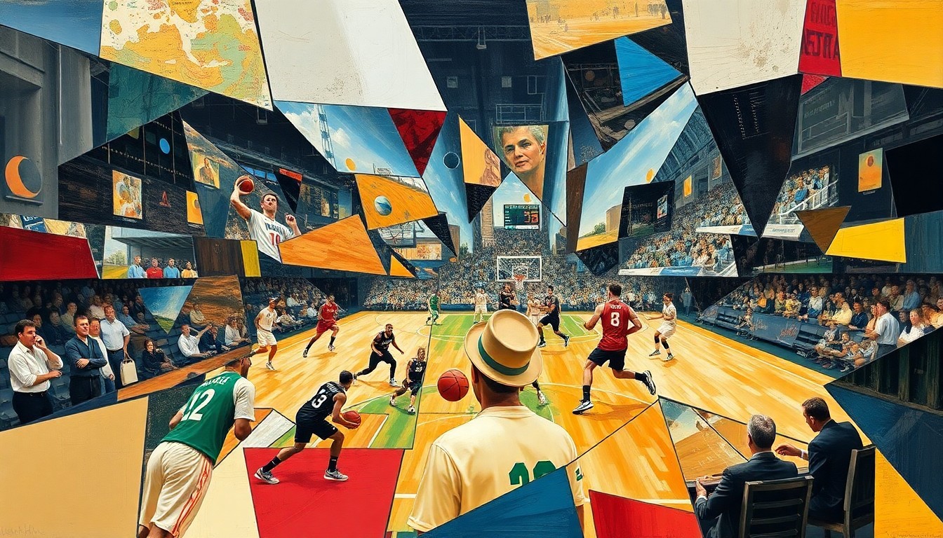 A fragmented, abstract painting featuring sharp, angular shapes and planes of color, representing the intensity and excitement of Cleveland's professional sports teams in action.