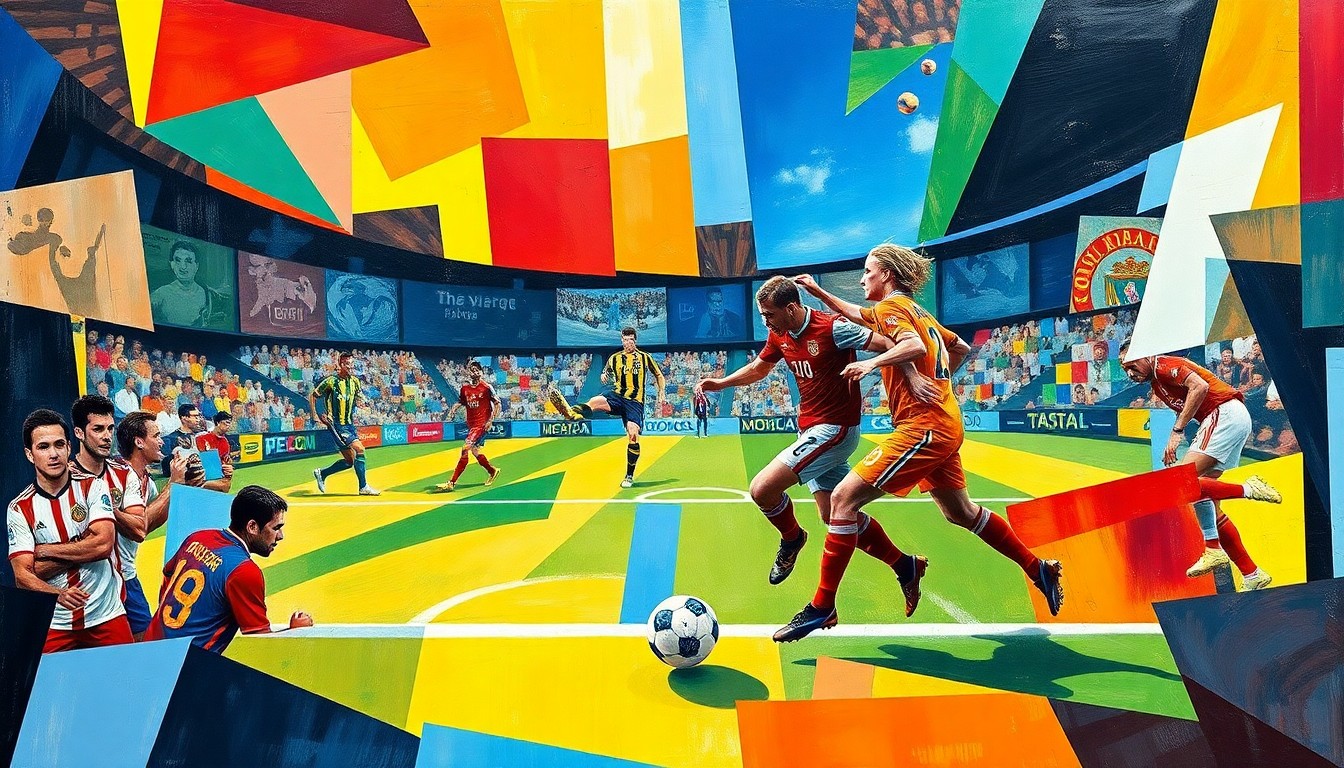 A fractured, geometric painting depicting a soccer match, with the players and ball represented as sharp, overlapping shapes in vibrant colors, conveying the dynamic energy and strategic complexity of the game.