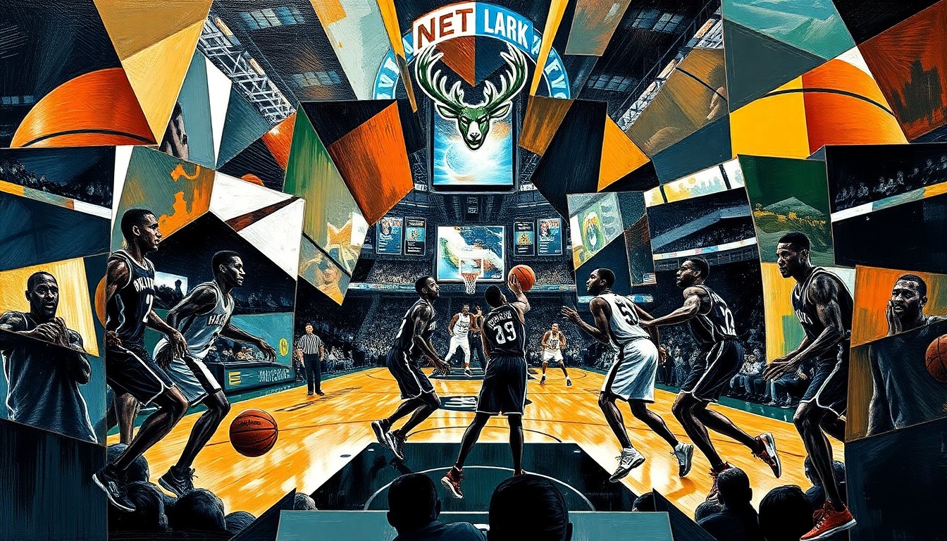 A fractured, multi-perspective painting breaking down a basketball game between the Milwaukee Bucks and Brooklyn Nets into sharp, overlapping geometric shapes, with the players' forms abstracted into dynamic, angular forms.