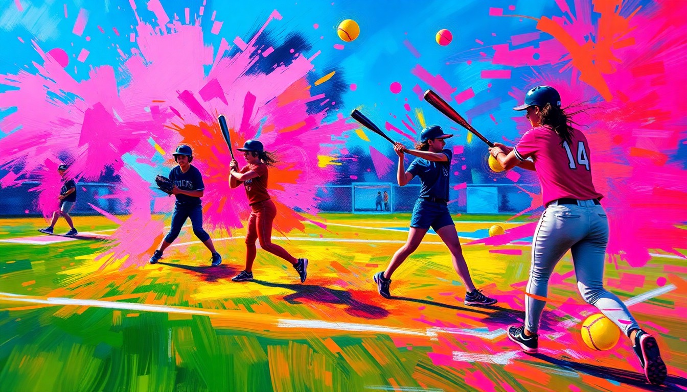 An abstract, expressionistic painting in vibrant neon colors capturing the raw energy and motion of a high school softball game, with blurred player figures, bats, and balls dissolving into splashes of bright pink, electric blue, and neon orange.