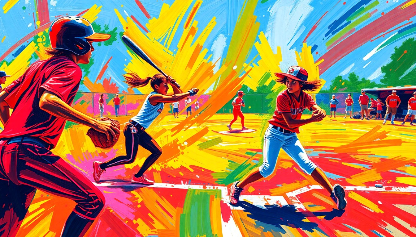 An abstract, energetic painting in bright neon colors, with rapid brushstrokes capturing the dynamic motion and raw athleticism of a high school softball game.