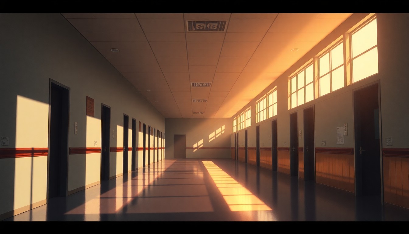 A serene, painterly scene of an empty school hallway with sunlight streaming through the windows, creating a sense of contemplation and civic responsibility around the local school board election.
