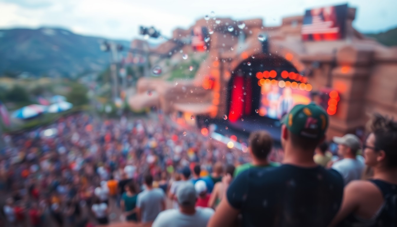 An extremely blurred and abstracted scene of people enjoying a lively outdoor concert, with bright splashes of color and light reflecting off the rain-streaked glass, conceptually representing the energy and atmosphere of a performance at Red Rocks Amphitheatre.