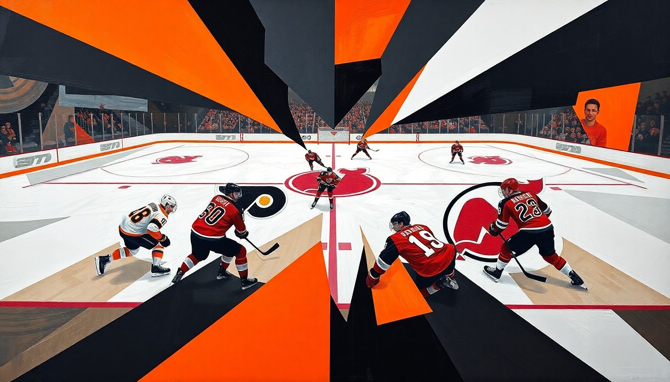 A cubist, geometric painting depicting a hockey game, with sharp, overlapping planes of orange, black, red, and white representing the players, puck, and arena in an abstract, deconstructed style.