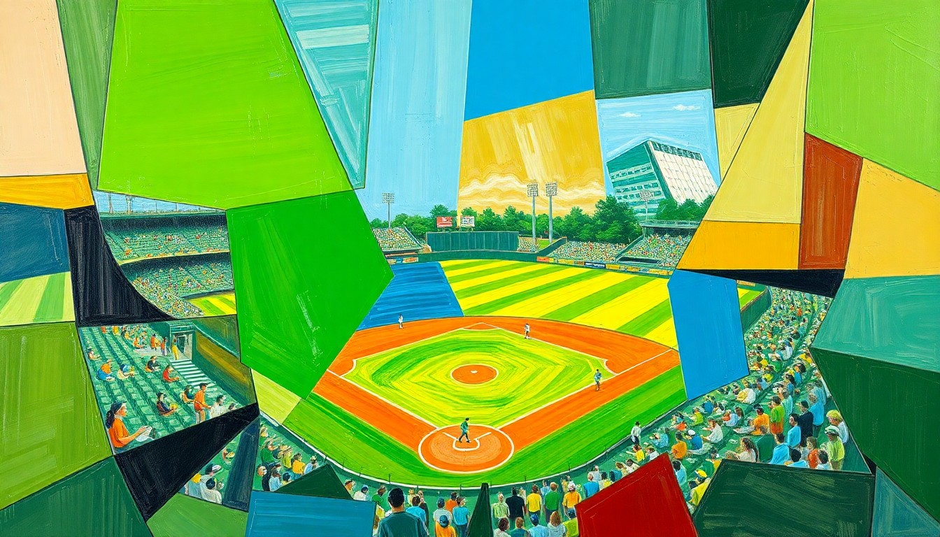 A fragmented, geometric painting in bold colors depicting the dynamic motion and energy of a high school baseball game, with players and the field rendered in an abstract, deconstructed style.