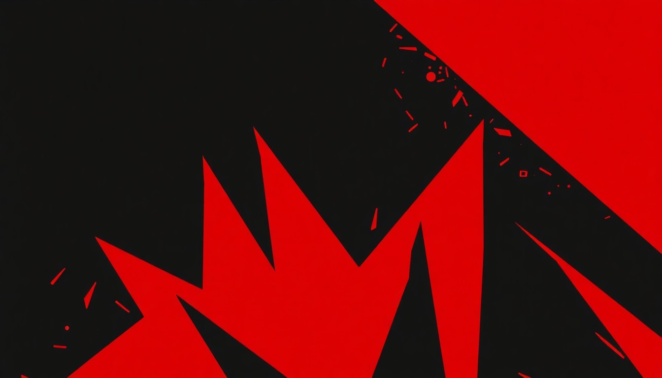 An abstract, minimalist illustration using bold, jagged shapes and high-contrast colors like red and black to conceptually represent the energy and spirit of a country music concert.