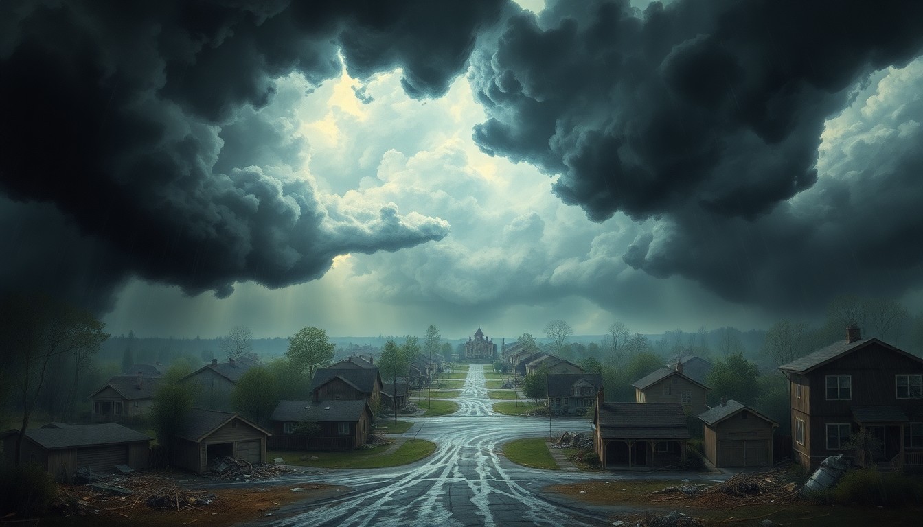 A vast, atmospheric landscape painting depicting a violent storm sweeping across a suburban neighborhood, with damaged homes and debris barely visible in the foreground, dwarfed by the overwhelming scale of the turbulent clouds and heavy rain.