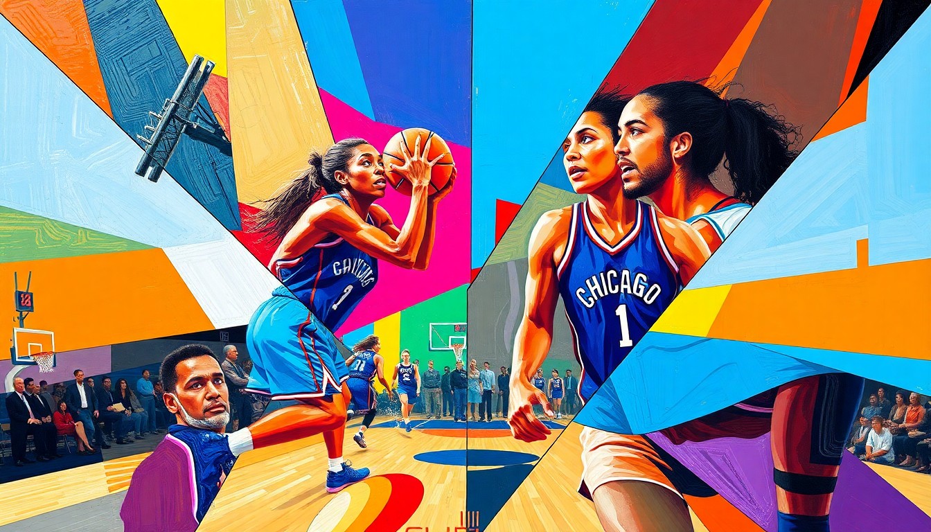 A cubist, geometric painting depicting a fragmented WNBA basketball game, with sharp planes of color representing the uniforms of the Chicago Sky and Atlanta Dream teams.