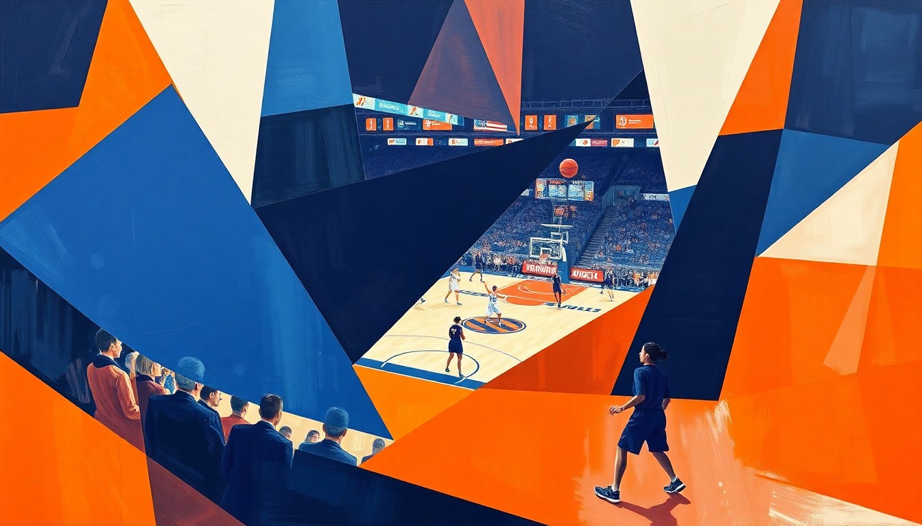 A cubist, geometric painting featuring overlapping planes of navy blue and orange, representing the dynamic energy and movement of a women's basketball game, without any recognizable figures or branding.