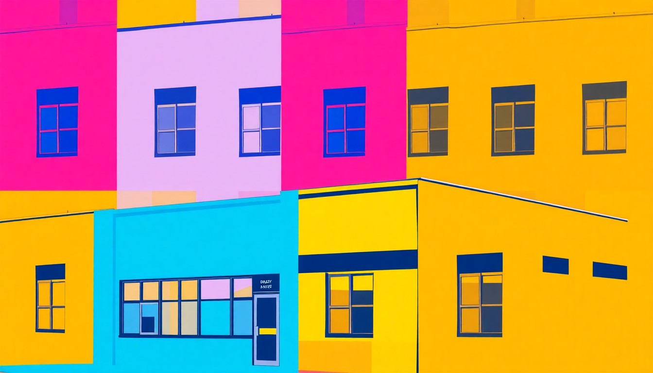 A brightly colored, abstract silkscreen print featuring the exterior of a community center building repeated in a grid pattern, conceptually representing the energy and celebration of a new neighborhood gathering space.