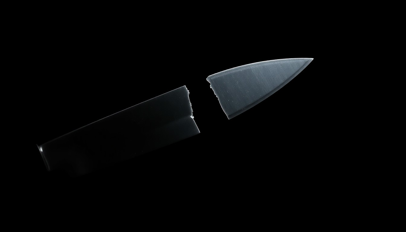 An extreme close-up of a broken kitchen knife blade, its sharp edges and metallic texture dramatically illuminated against a stark black background, conceptually representing the violence and danger of the incident.