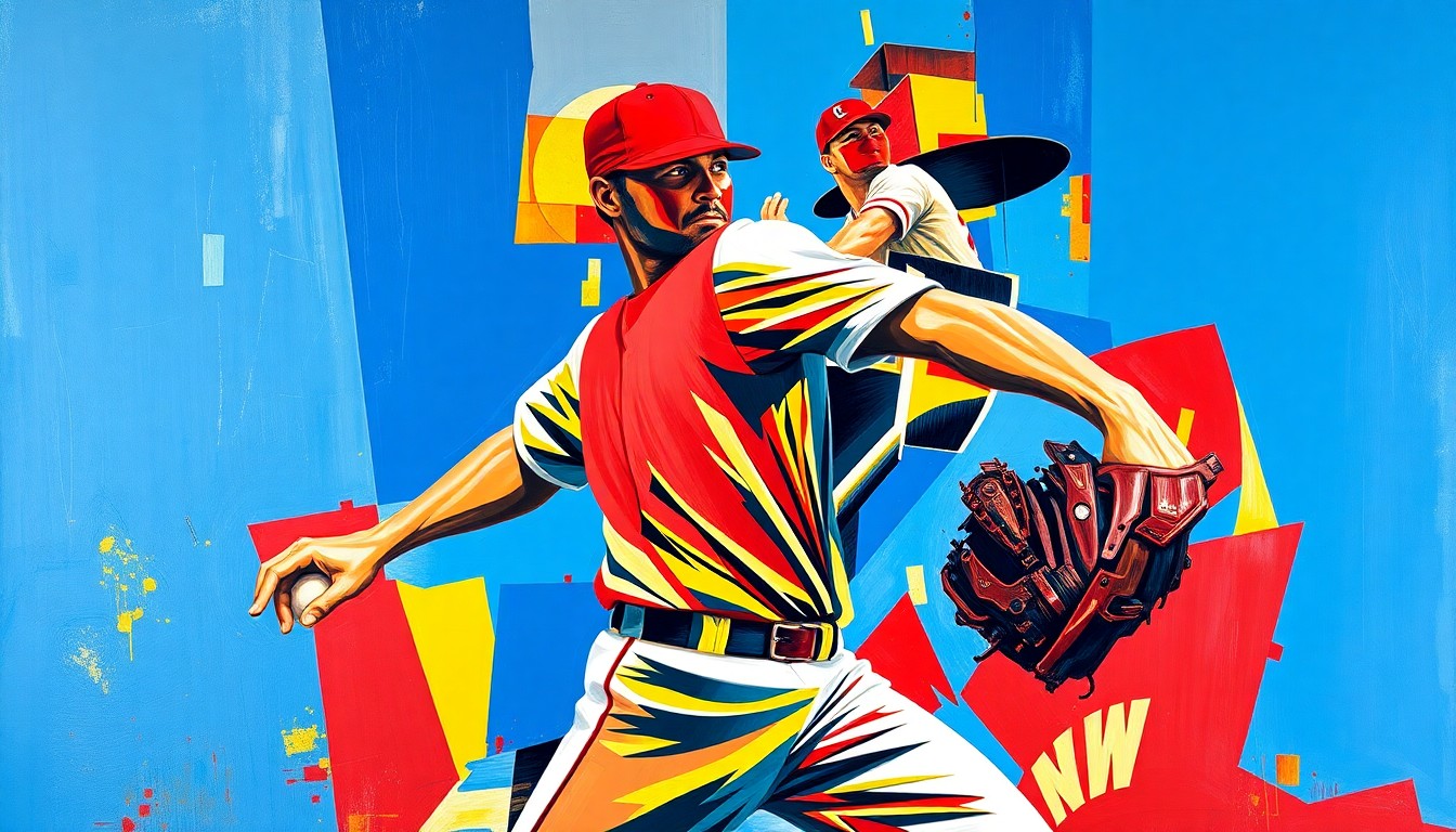 A fragmented, cubist-style painting depicting a baseball pitcher's throwing motion, with sharp geometric shapes and planes in vibrant colors like blue, red, and yellow, conceptually representing the increased velocity of these pitchers' fastballs.