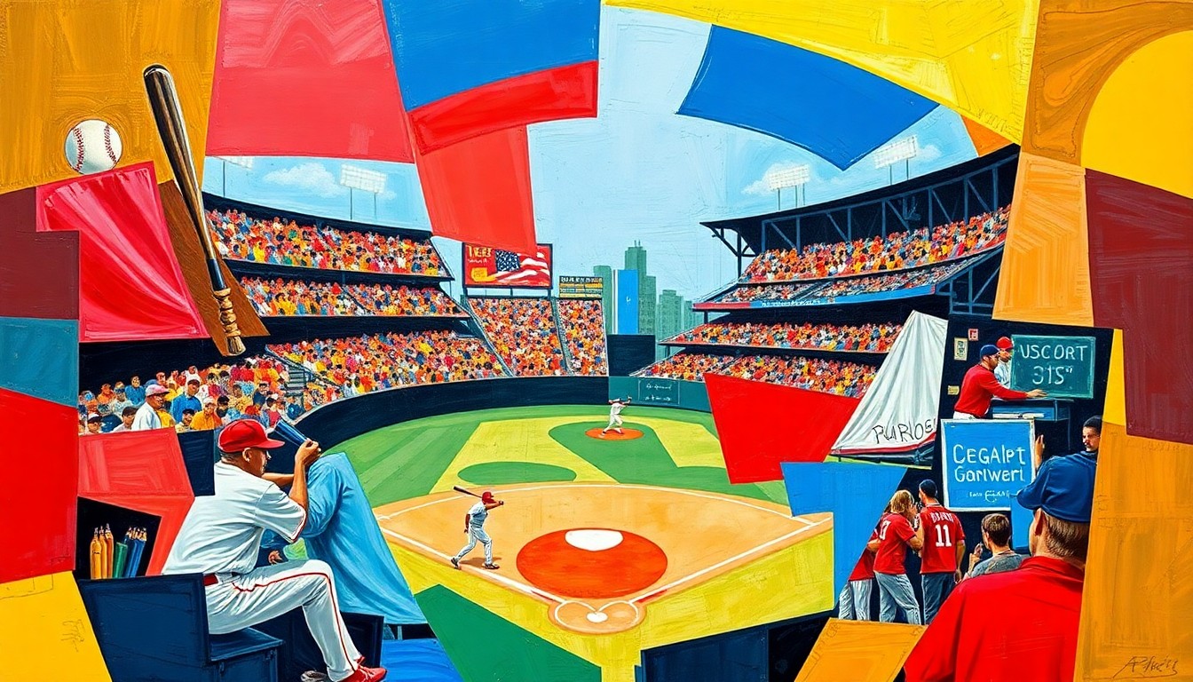 A cubist, geometric painting depicting fragmented baseball players and game action, using bold colors and overlapping shapes to capture the energy and excitement of the early season.