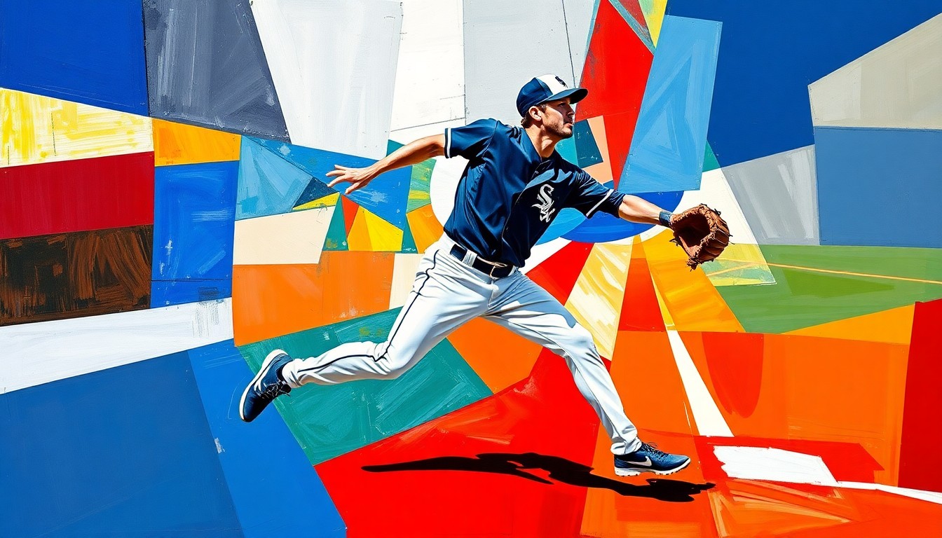 A fractured, cubist-style painting depicting a baseball outfielder in motion, with the player's form broken down into sharp, overlapping geometric shapes in the White Sox team colors of navy, silver, and red.
