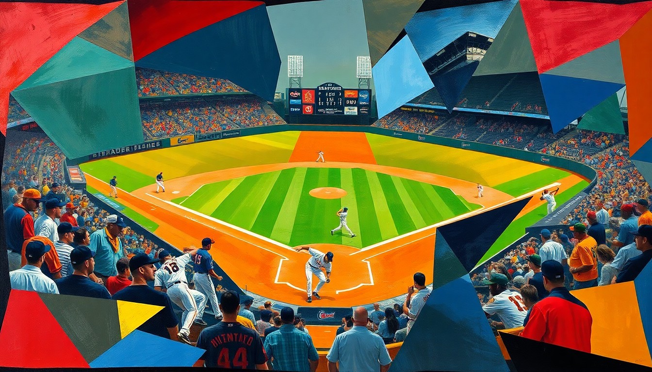 A fractured, cubist-style painting depicting a baseball game, with the players and field represented through bold, angular shapes and vibrant colors that capture the energy and intensity of the sport.