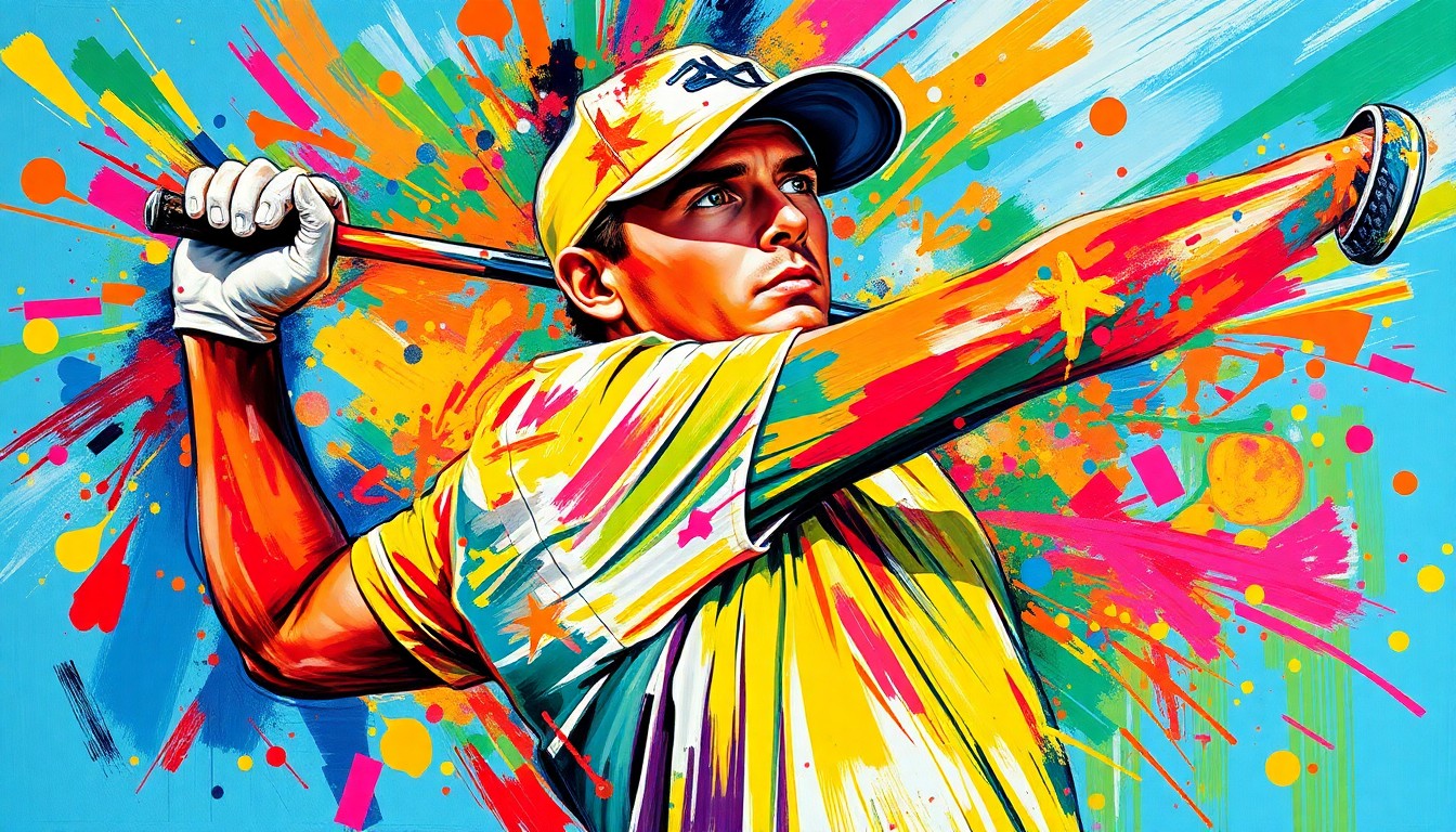 An abstract, expressionist painting in vibrant neon colors depicting the powerful motion and energy of a golfer's swing, with the figure's details dissolving into unrecognizable brushstrokes.