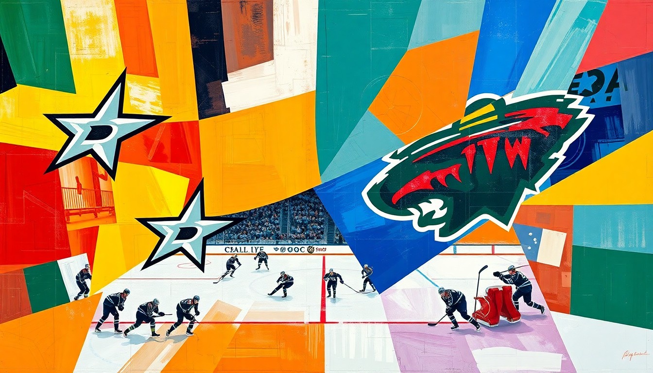 A cubist, geometric painting depicting a hockey game between the Dallas Stars and Minnesota Wild, with the players and action broken down into sharp, overlapping planes of color representing the teams' official palettes.