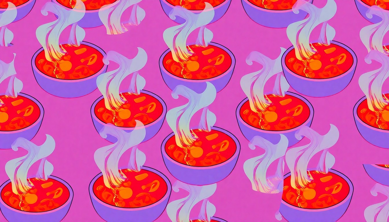 A bold, colorful silkscreen-style illustration featuring a repeating pattern of a steaming bowl of chili, capturing the energy and spirit of a community festival celebrating local food and music.