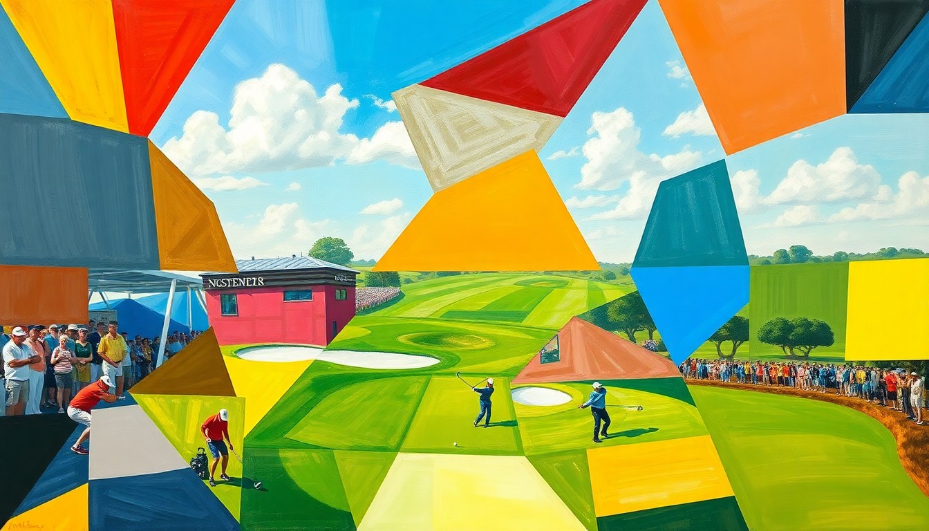 A cubist, geometric painting depicting a fragmented, multi-angled view of a golf tournament, conveying the sport's worldwide reach and diversity.