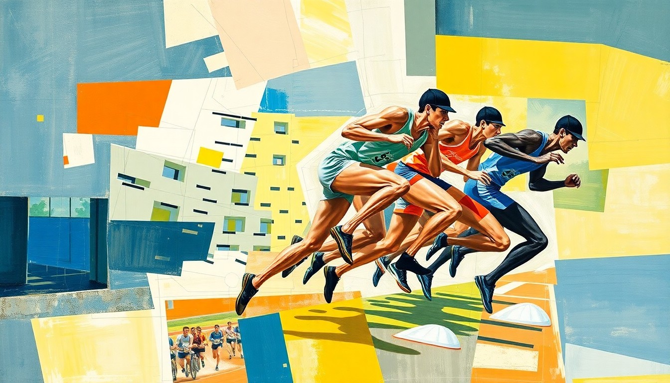 A fragmented, geometric painting depicting the dynamic movements and energy of a 3,000-meter steeplechase race.