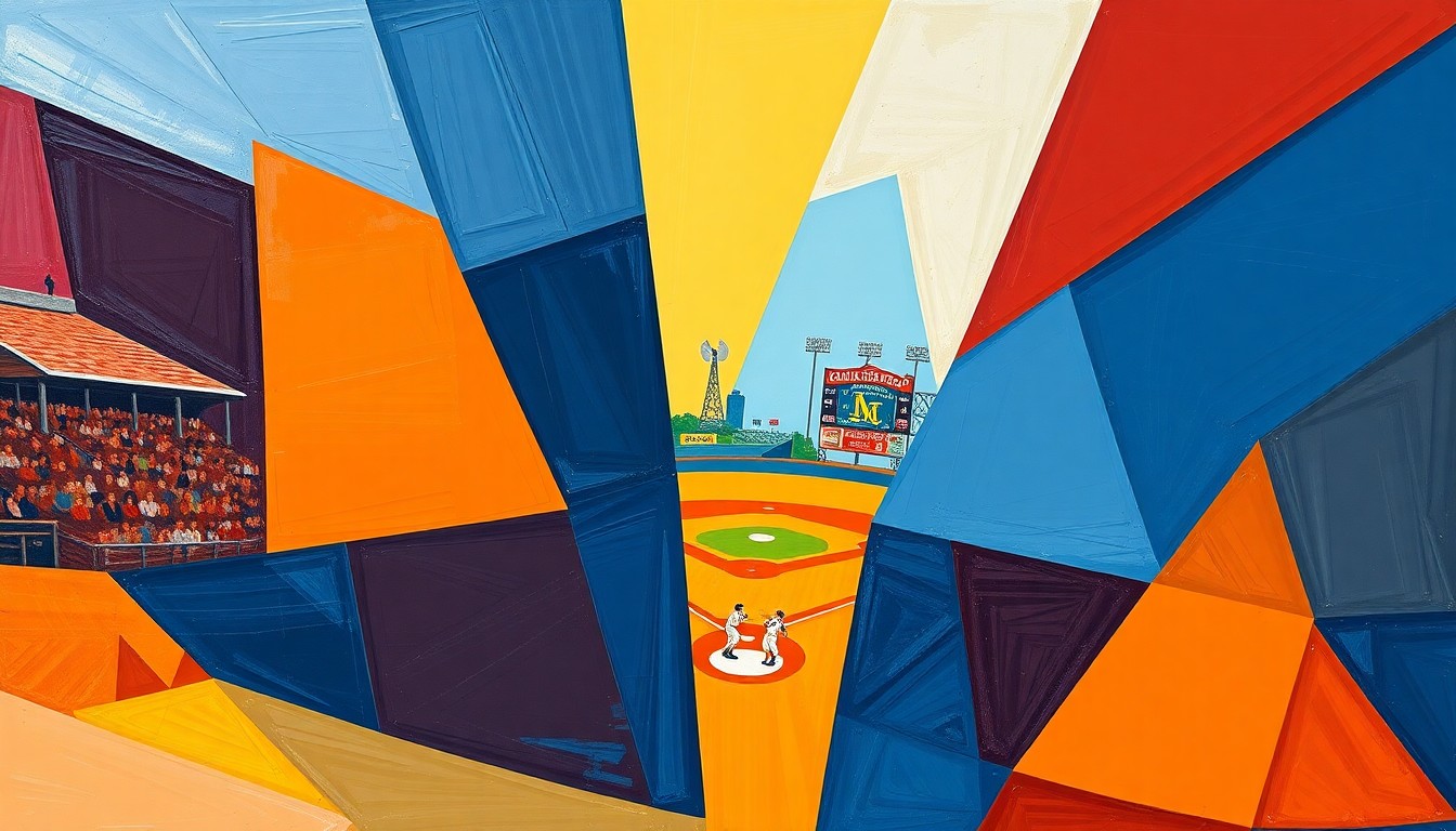 A fragmented, geometric painting in bold colors representing the dynamic action and competition of a college baseball game.