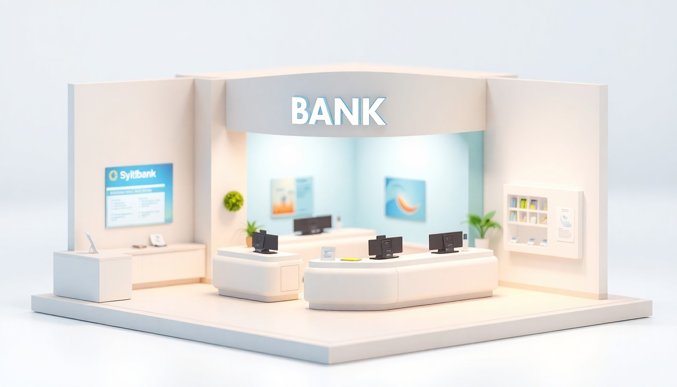 A clean, minimalist 3D illustration of the interior of a modern bank branch, featuring an open floor plan, teller stations, and a warm, inviting atmosphere, conceptually representing the opening of a new community banking location.