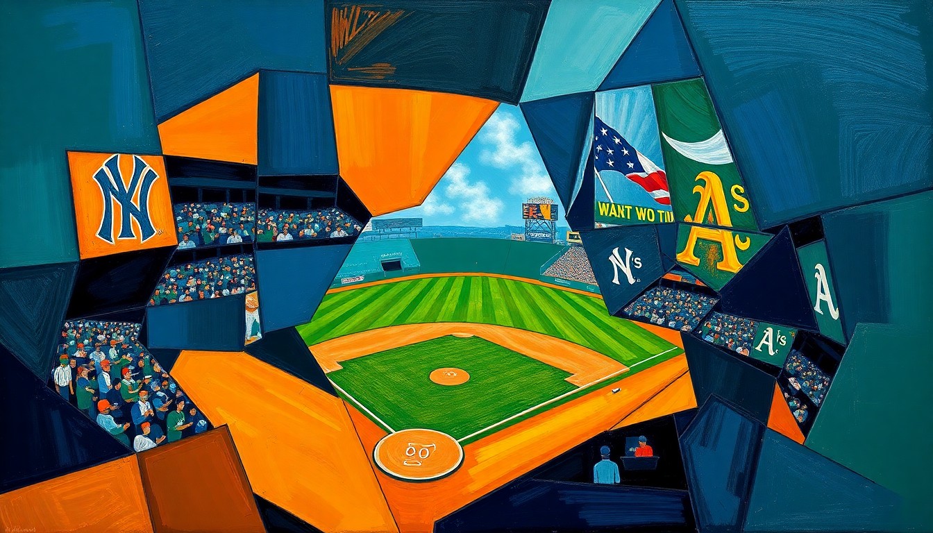 A cubist-style painting depicting a baseball game in motion, with players and the field broken down into overlapping geometric shapes and planes of navy, green, and orange.
