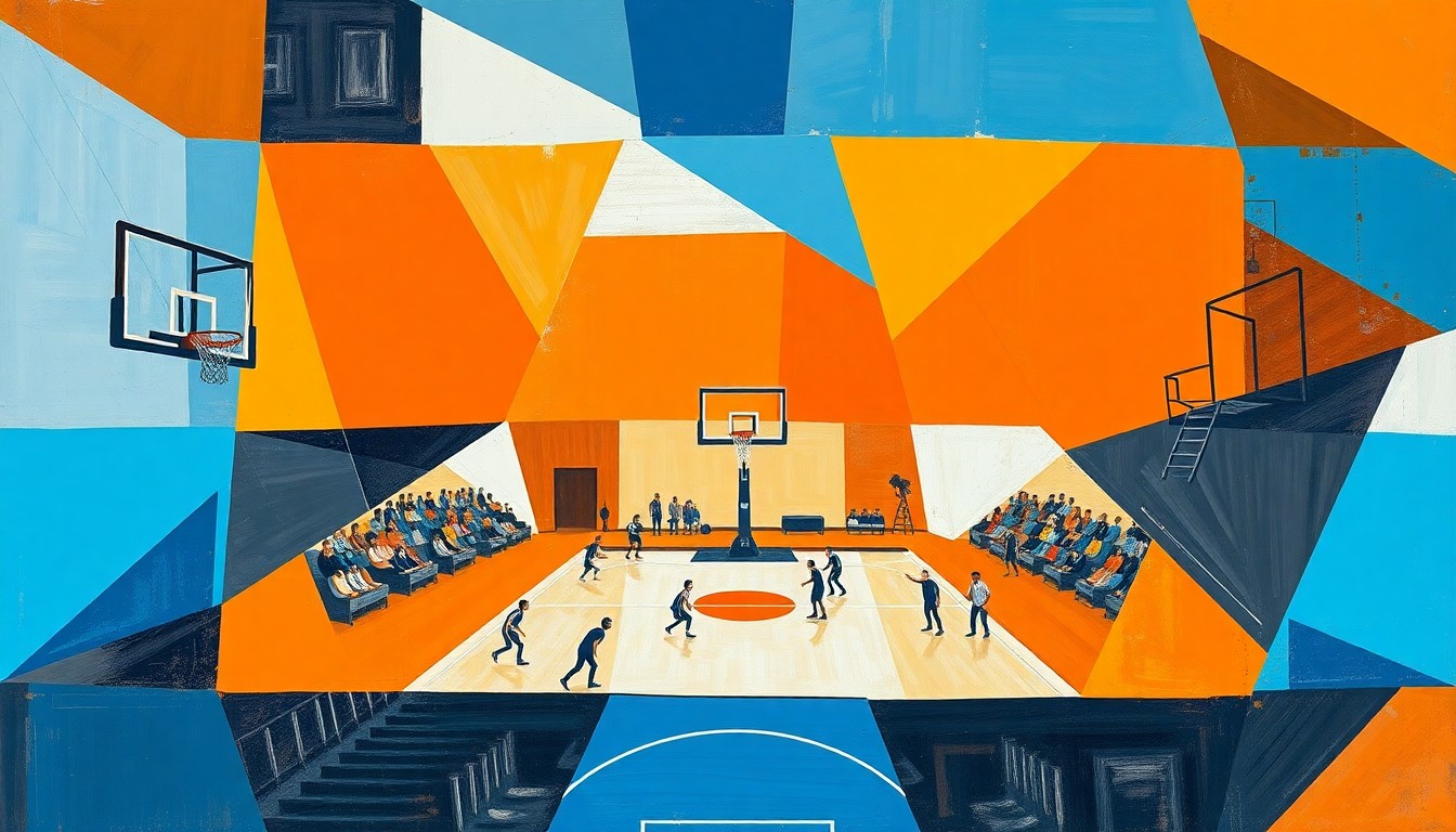A fragmented, geometric painting depicting a high school basketball game, with sharp planes of orange, blue, and white overlapping to create a dynamic, multi-angled visual representation of the sport.