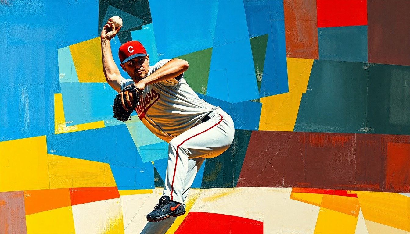 A fractured, multi-perspective painting depicting a baseball pitcher's motion, with sharp, overlapping geometric planes in vibrant colors like deep blues, rich reds, and bright yellows, capturing the raw energy and complexity of elite MLB talent.