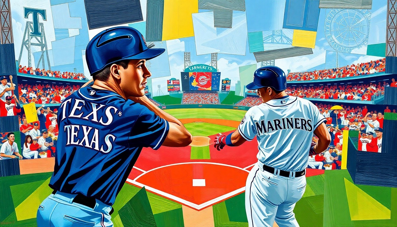 A cubist-style painting depicting a baseball game broken down into sharp, overlapping geometric planes in the colors of the Texas Rangers and Seattle Mariners uniforms, conveying the dynamic energy of the game through a fragmented, abstract visual style.