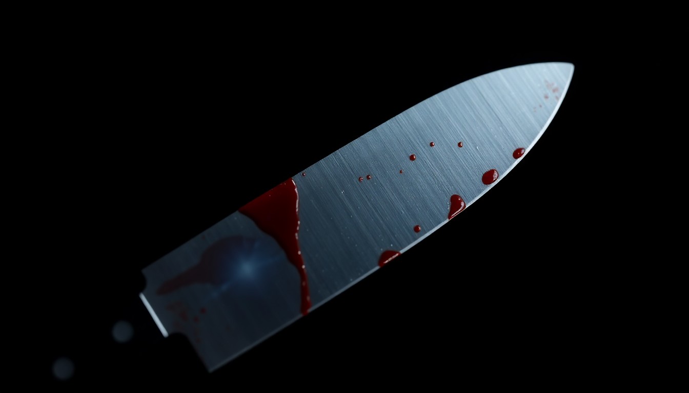An extreme close-up of a bloodied kitchen knife, capturing the stark, gritty details of the object in harsh lighting to conceptually represent a violent crime scene.