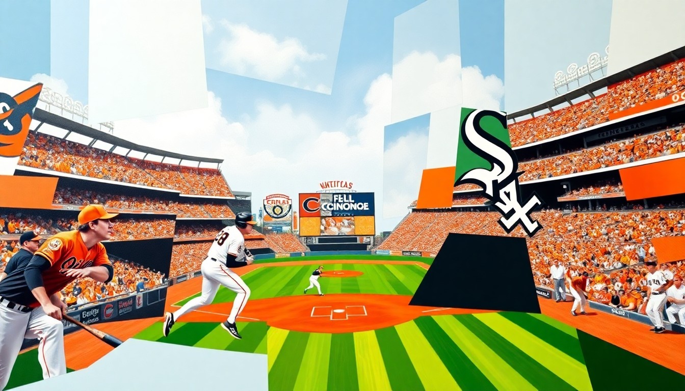 A cubist, geometric painting depicting a baseball game in motion, with sharp, overlapping shapes and planes of color representing the players and action on the field.