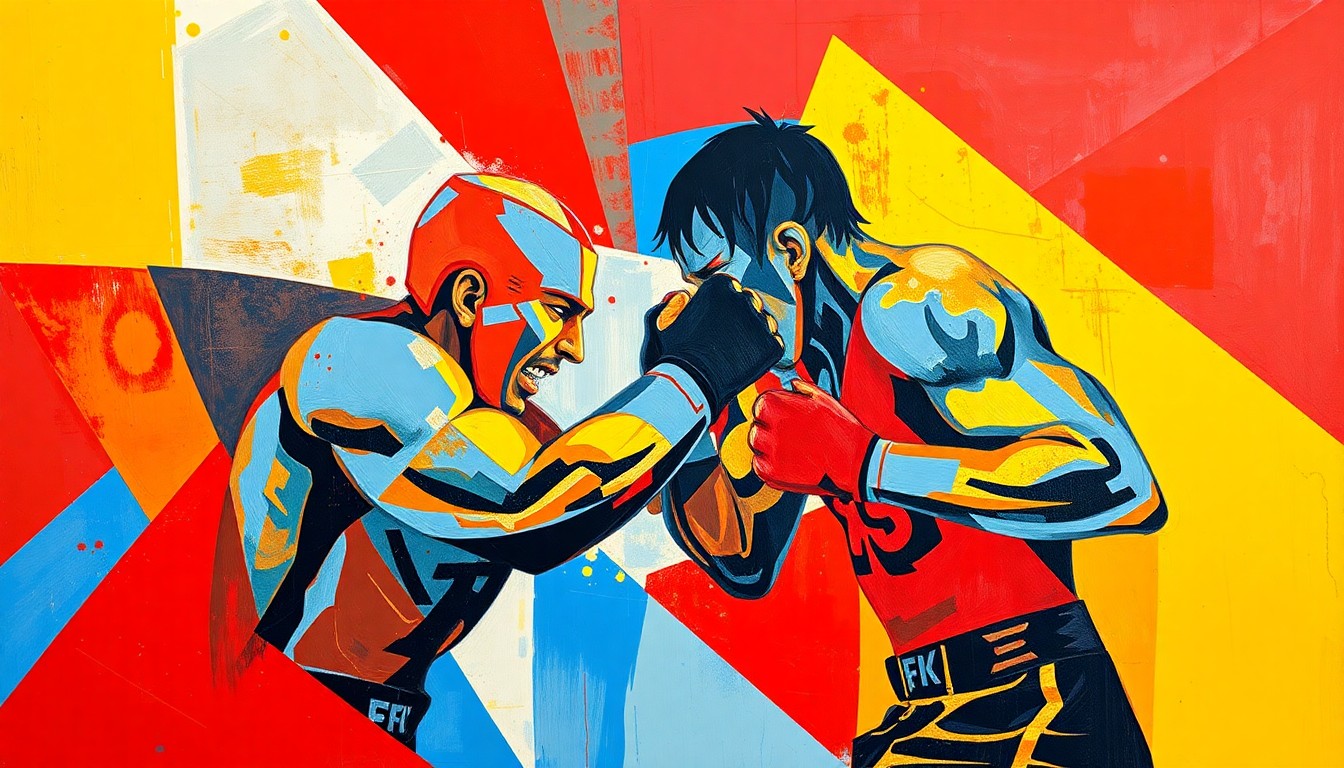 A cubist, geometric painting depicting a mixed martial arts fight, with sharp, overlapping planes of color representing the dynamic movements and perspectives of the combatants.