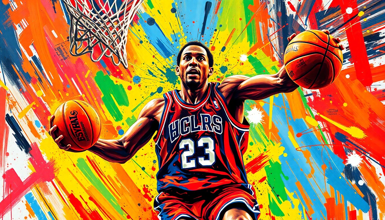 An extreme close-up of a basketball player driving to the hoop, their body and movement captured in a vibrant, expressionist style of rapid, neon-colored brushstrokes that obscure any identifiable details.