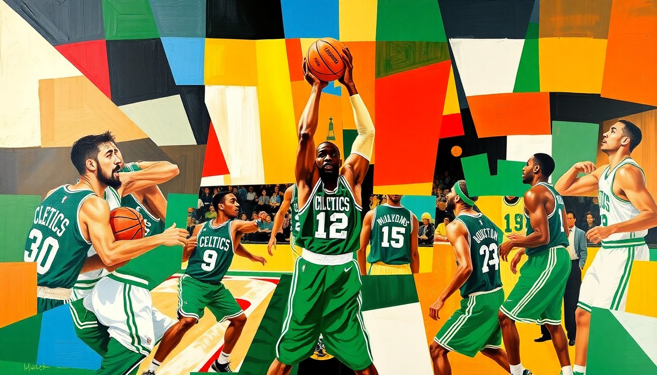 A fragmented, geometric painting in the style of Pablo Picasso, depicting a basketball game or match with the Boston Celtics' colors of green and white prominently featured. The image captures the dynamic energy and strategic thinking of the team's leadership, with Brad Stevens at the core.