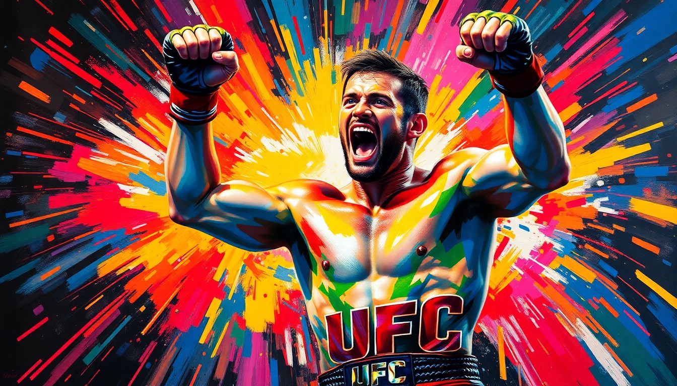 A dynamic, colorful painting with bold, expressive brushstrokes capturing the intense energy and emotion of a UFC fighter's victory.