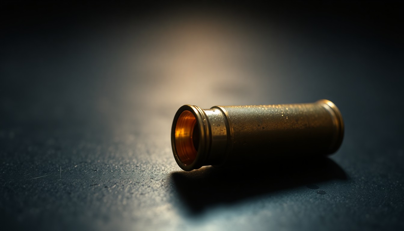 An extreme close-up photograph of a single spent shell casing on a dark surface, lit by a harsh, direct camera flash, conceptually representing the physical evidence left behind by a violent crime.