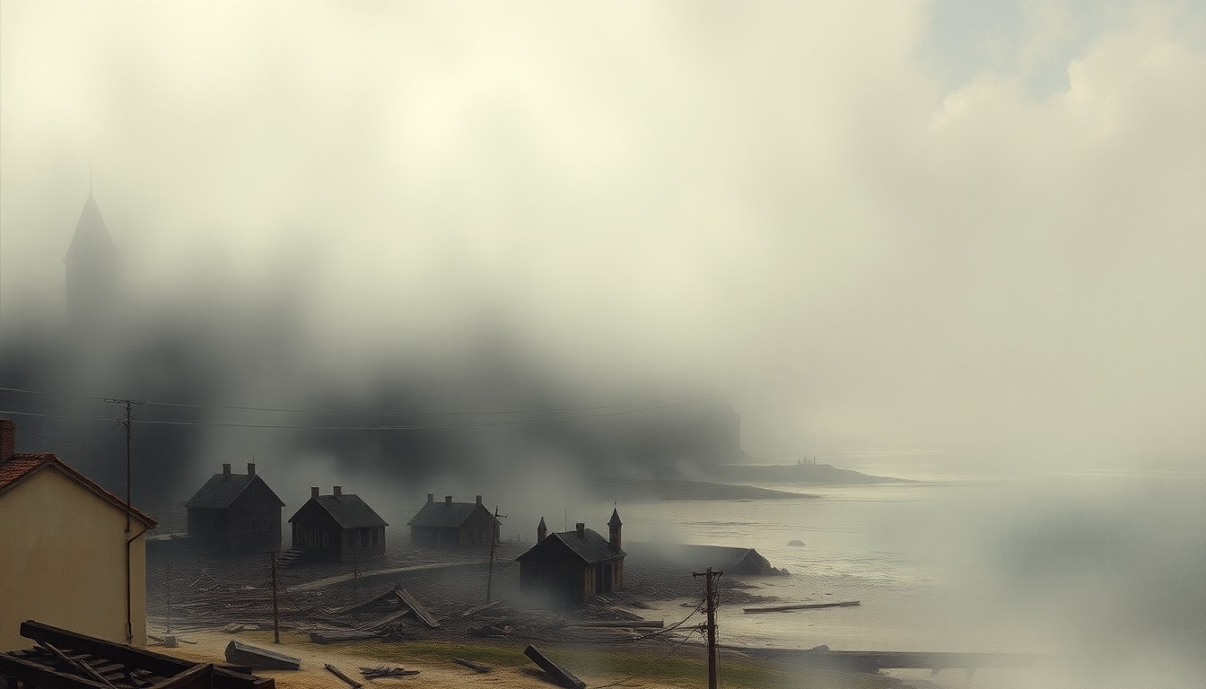 A hazy, atmospheric landscape painting depicting the silhouettes of damaged buildings and debris partially obscured by heavy fog, conveying the scale and impact of the Kona low storms on the Honolulu community.