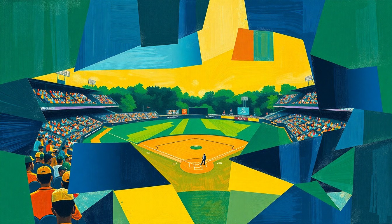 A cubist, geometric painting depicting a high school baseball game, with players and the field broken down into overlapping, angular shapes in a vibrant color palette.
