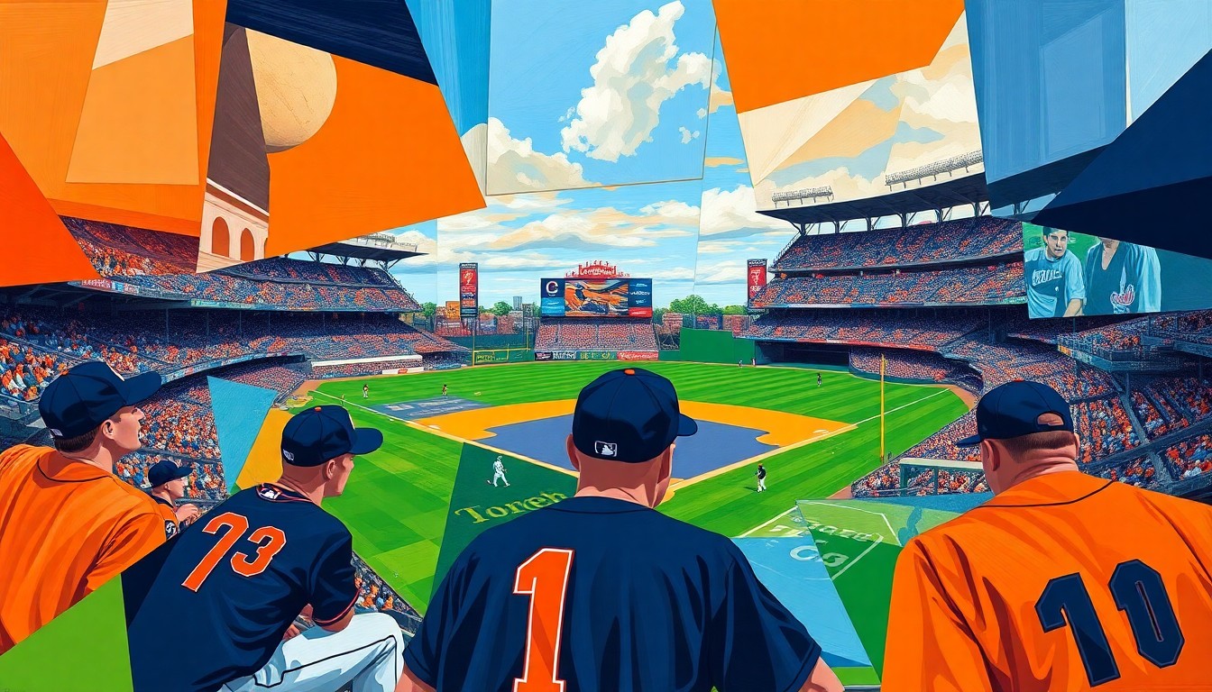 A cubist, geometric painting depicting a baseball game in progress, with players and the stadium rendered in sharp, overlapping planes of navy blue, orange, and other vibrant colors, capturing the energy and excitement of the new ballpark's inaugural season.