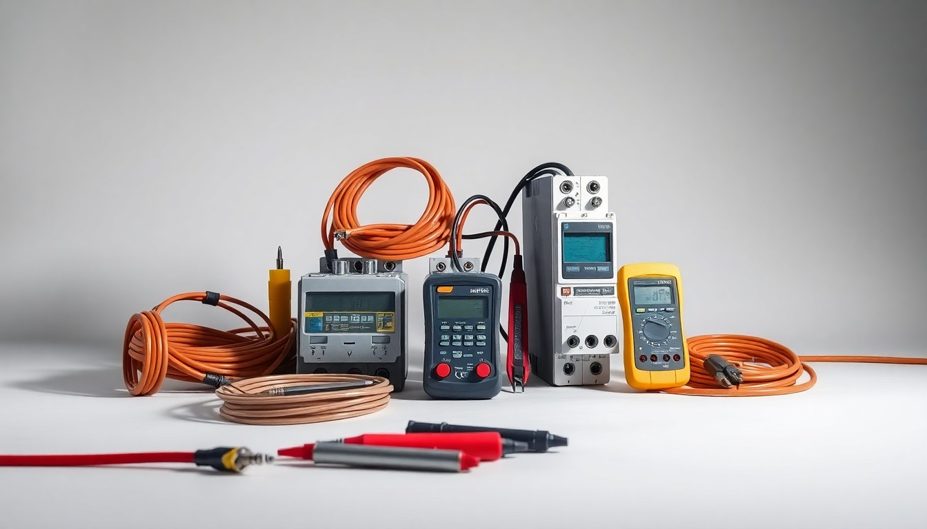 A high-end, photorealistic studio still-life photograph featuring a collection of premium electrical components and tools, such as copper wiring, circuit breakers, and a multimeter, arranged elegantly on a clean, monochromatic seamless background. The objects are lit with sharp, dramatic studio lighting and deep shadows, conceptually representing the precision and expertise required for a successful electrical infrastructure project.
