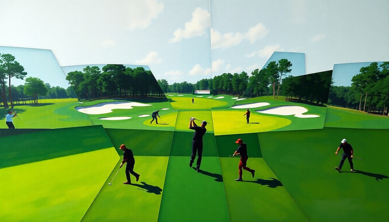 A cubist, geometric painting depicting the 2026 Masters Tournament golf competition, with overlapping planes of green fairways, white bunkers, and silhouetted players in motion, conveying the energy and prestige of the event.