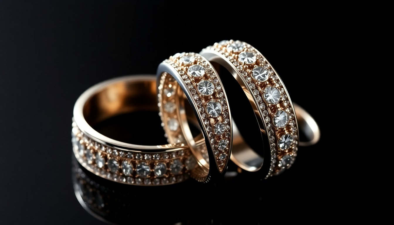 An extreme close-up photograph of two intricately detailed wedding rings, their surfaces reflecting dramatic studio lighting to create a high-fashion, glamorous aesthetic that conceptually represents the romance and stability of a celebrity couple's relationship.