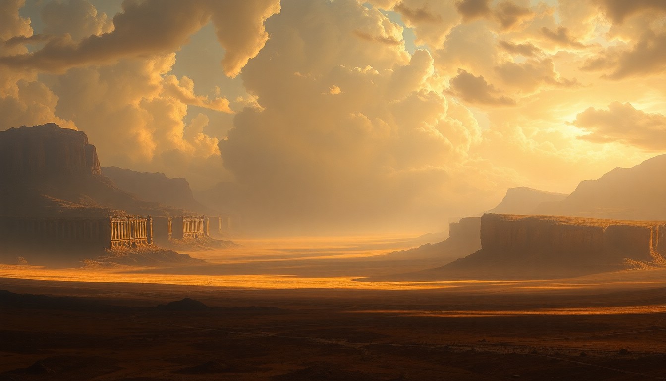 A sweeping, atmospheric landscape painting depicting a vast, arid environment with minimal vegetation and structures, conveying the overwhelming scale and power of a severe drought.