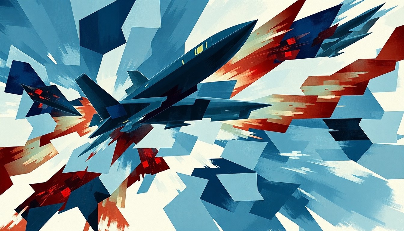 A dynamic, abstract painting featuring overlapping, geometric shapes in shades of blue, gray, and red, conveying a sense of power and motion related to military hardware and deterrence.
